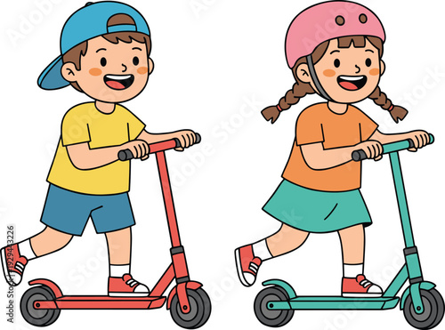 Cheerful cartoon illustration of a young boy and girl riding kick scooters while wearing safety helmets, perfect for children's outdoor activity and health