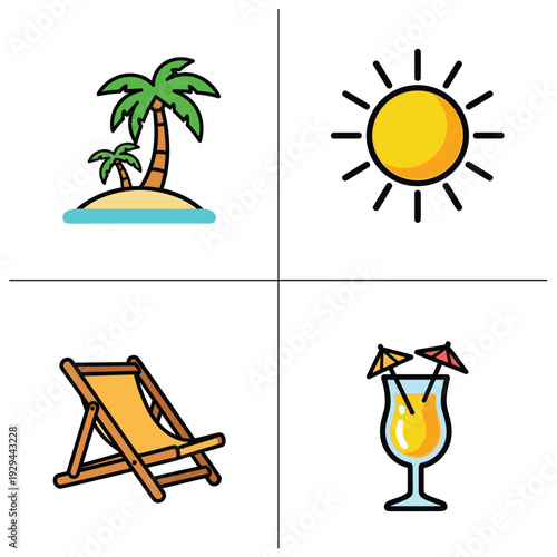 Summer vacation elements island sun chair cocktail relaxation travel.