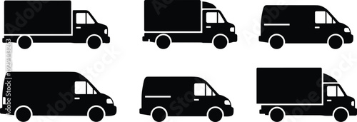 Collection of black delivery truck and van silhouettes isolated on white, featuring various commercial transport vehicles for logistics, shipping, freight, and distribution service icons