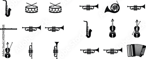 Collection of black musical instrument silhouettes including saxophone, trumpet, violin, drum, and accordion isolated on white background for orchestra, band, and music education