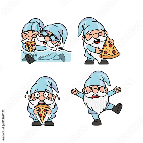 Cartoon gnomes enjoying pizza in various funny poses with copy space