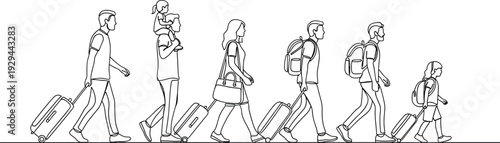 Traveling family group walking together in airport terminal, parents children carrying luggage bags backpacks suitcases journey vacation trip illustration vector