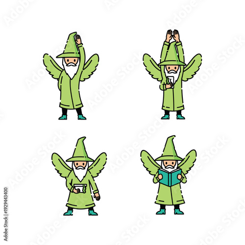 Cartoon wizards in green robes performing various actions with magical objects