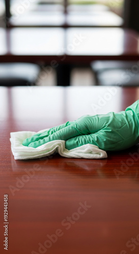 A gloved hand wipes a polished wooden surface with a white cloth, representing hygiene, cleanliness, and prevention of germs in restaurant or public spaces