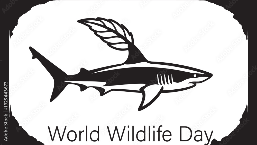 Fototapeta premium Powerful shark silhouette with dorsal fin featuring a leaf, symbolizing marine conservation and the importance of protecting ocean life for world wildlife day, abstract background for nature themes