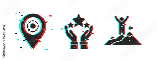 Location and achievement icons representing goals and success. Glitch effect