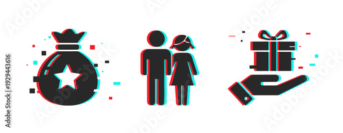 Money bag couple and hand offering gift representing rewards. Glitch effect