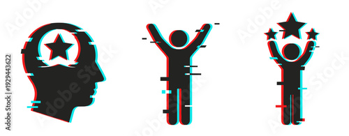 Success and celebration icons expressing achievement and victory on white. Glitch effect