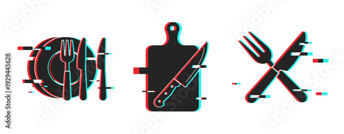 Dining utensils and cutting board icons with glitch effect. Glitch effect