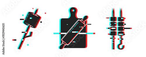 Cooking utensils and food skewers displayed on kitchen tools. Glitch effect