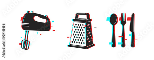 Kitchen utensils showing mixer grater and cutlery on white background. Glitch effect