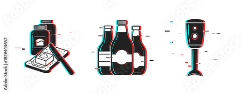 Kitchen utensils and condiments displayed on white backdrop. Glitch effect