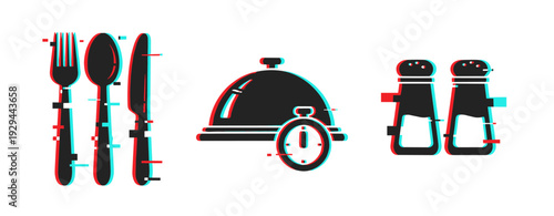 Cutlery serving cloche and condiments icons displayed on white background. Glitch effect