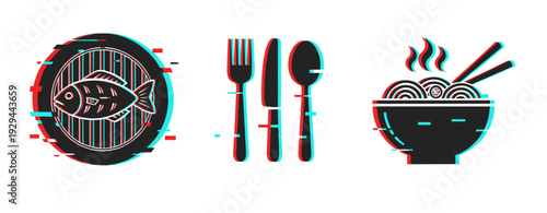Glitch style food icons arranged horizontally on white background. Glitch effect