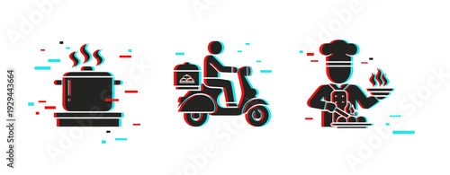 Cooking pot delivery rider and chef serving food icons. Glitch effect