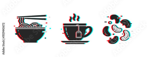 Noodle bowl, steaming tea cup and assorted nuts on white. Glitch effect