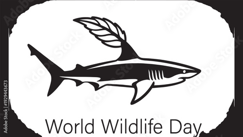 Powerful shark silhouette with dorsal fin featuring a leaf, symbolizing marine conservation and the importance of protecting ocean life for world wildlife day, abstract background for nature themes
