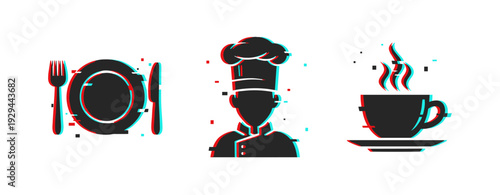Plate chef and coffee cup showing dining and kitchen icons. Glitch effect