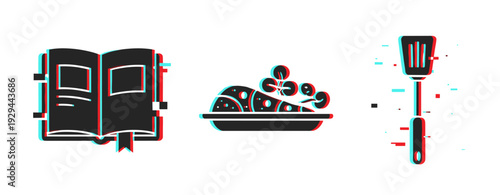 Cookbook open with prepared salad and spatula on white. Glitch effect