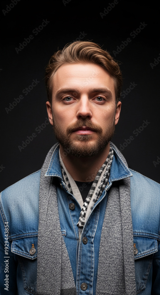 Obraz premium Close-up of a man with a beard, wearing a denim jacket and scarf, set against a dark background, creating a stylish, confident appearance