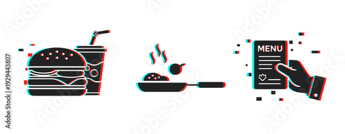 Fast food cooking icons showing burger, pan, menu ordering. Glitch effect