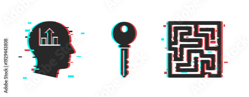 Problem solving icons showing growth key and maze concept. Glitch effect