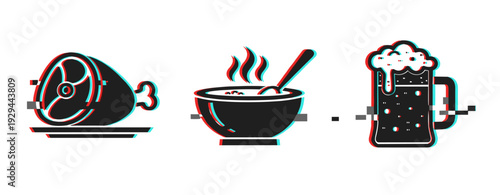 Ham soup and beer icons with digital glitch on white background. Glitch effect