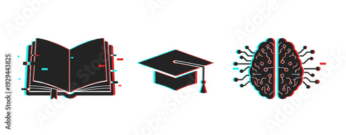 Education icons showing study, graduation, and ai concepts. Glitch effect