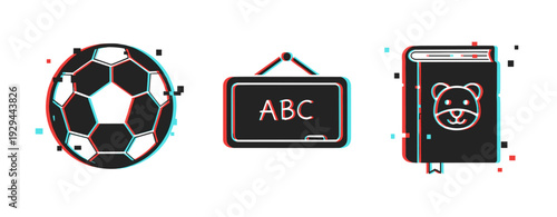 Soccer ball with chalkboard letters and teddy book icons. Glitch effect