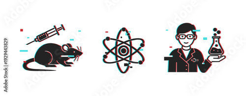 Laboratory icons showing research and experiments on white background. Glitch effect