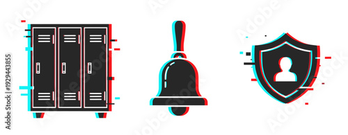 Locker bell and shield icons representing school and security concepts. Glitch effect