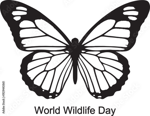 World wildlife day butterfly silhouette graphic with detailed wing patterns and bottom text for insect preservation awareness and pollinator conservation advocacy social media posts and banners