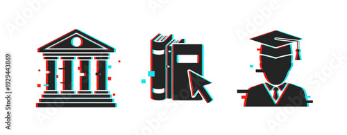 Institutional and academic icons representing digital learning interface. Glitch effect