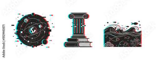 Planetary column and ocean icons representing academic subjects. Glitch effect