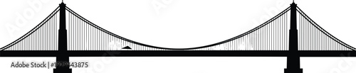 Suspension Bridge Skyline Silhouette Illustration Featuring Large Transportation Structure Representing Urban Infrastructure, Engineering Achievement and Architectural Landmark