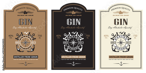 collection of gin labels with anchor and yacht helm in retro style