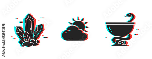 Crystals shining and sun cloud and medical bowl on white. Glitch effect
