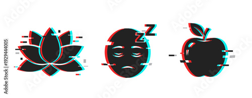 Wellness sleep and nutrition icons arranged on white background. Glitch effect