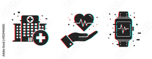 Hospital heart rate and smartwatch health icons on white background. Glitch effect