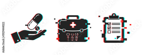 Medical icons displaying pill, first aid kit, checklist in row. Glitch effect