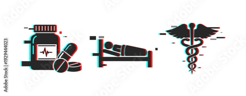 Medication bottle and pills beside resting patient in hospital. Glitch effect