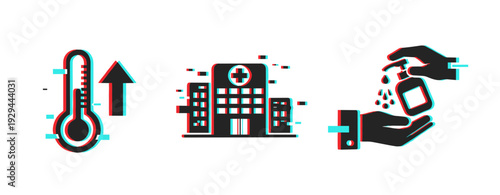 Thermometer indicating fever with hospital and hand hygiene. Glitch effect