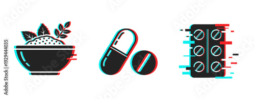 Dietary supplements and pills with herbal bowl and blister pack. Glitch effect