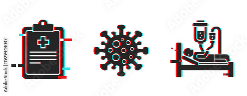 Medical clipboard, virus illustration and patient receiving iv care. Glitch effect