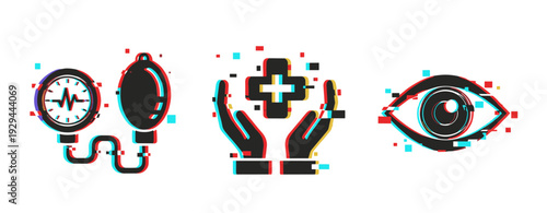 Medical icons showing vitals care and eye health on white. Glitch effect