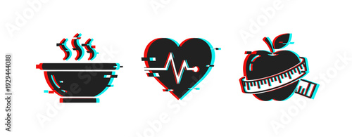 Food and health icons indicating monitoring on white background. Glitch effect