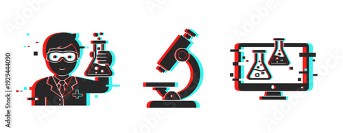 Scientist holding flask with microscope and lab monitor. Glitch effect