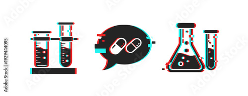 Laboratory icons showing chemical testing and medicine concept. Glitch effect