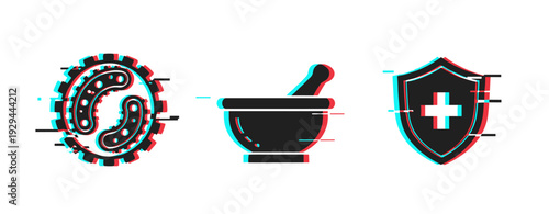 Medical icons indicating microbiology pharmacy and health protection. Glitch effect