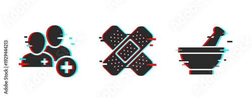 Healthcare symbols bandage and mortar shown on white background. Glitch effect